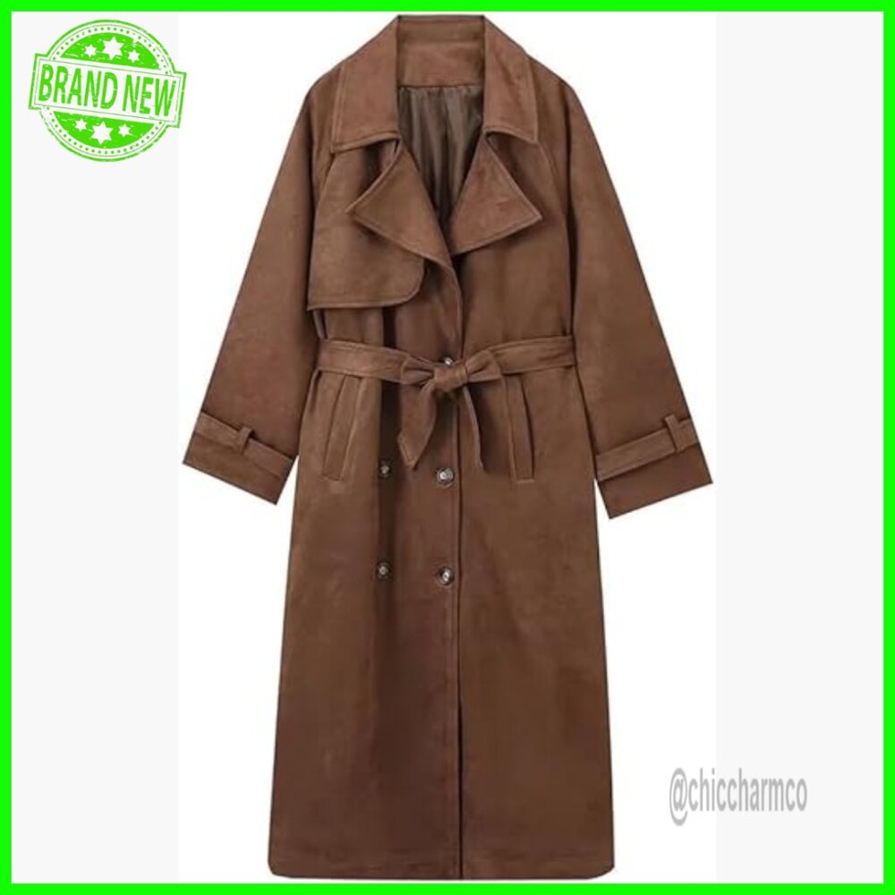 Faux Suede Trench Coat Double Breasted Pea Coat with Belt Ankle Length